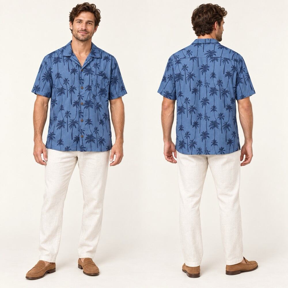 Faherty Breeze Shirt Men's L Blue Palm Foliage Linen Tencel Hawaiian